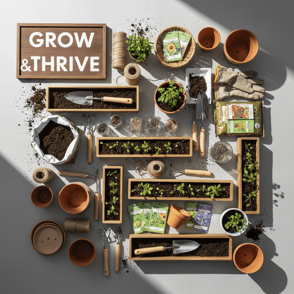 Organized garden potting supplies and planters arranged for display