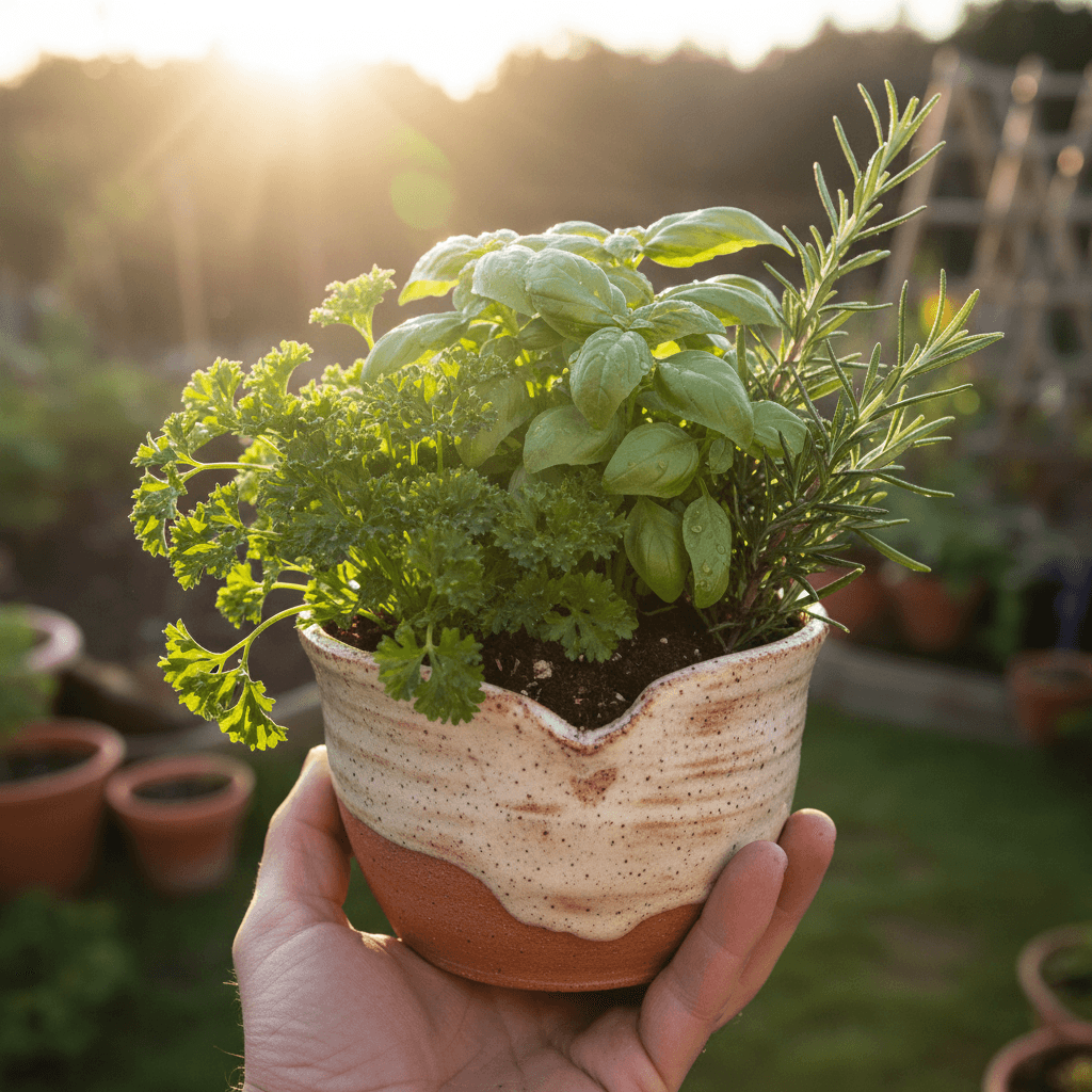 Hand holding ceramic herb planter with fresh green plants