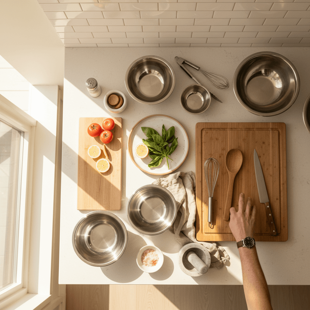 Kitchen cooking tools and utensils on countertop