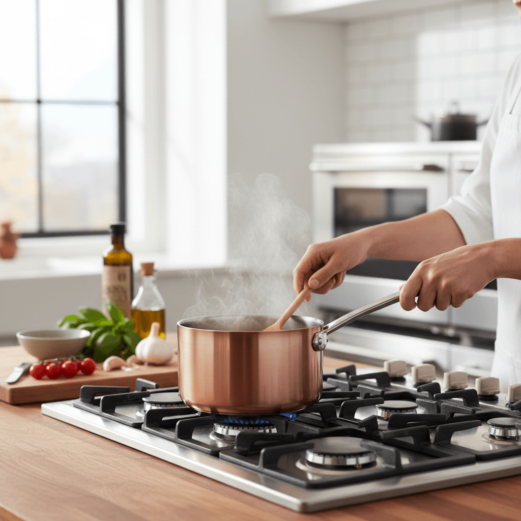 Quality cookware in active kitchen use with fresh ingredients