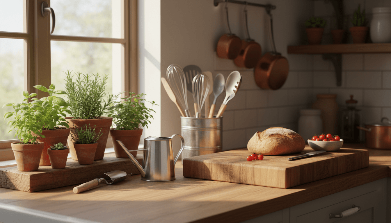 Home, kitchen, and garden products displayed together on a bright kitchen counter