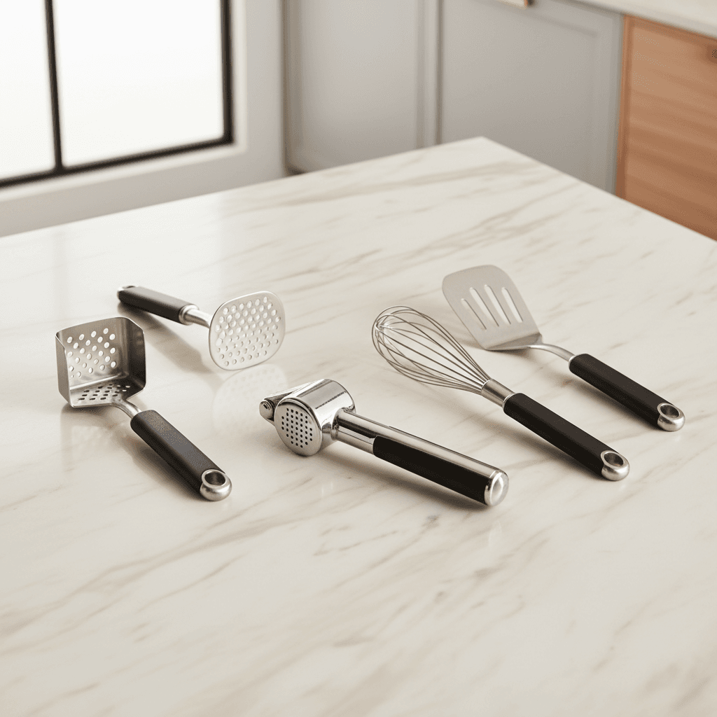 Premium stainless steel kitchen gadget set on marble countertop