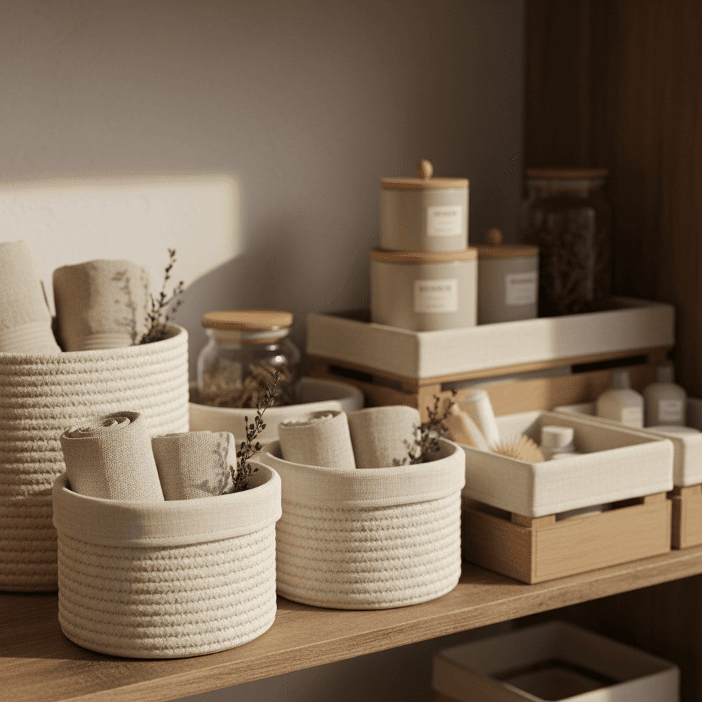 Organized home storage baskets on wooden shelf
