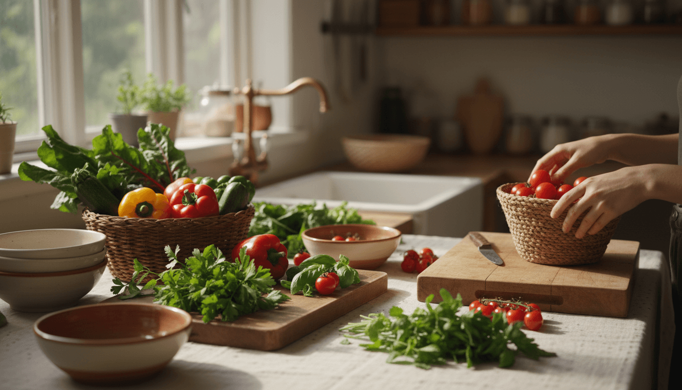 Fresh garden produce and kitchen workspace with natural morning light