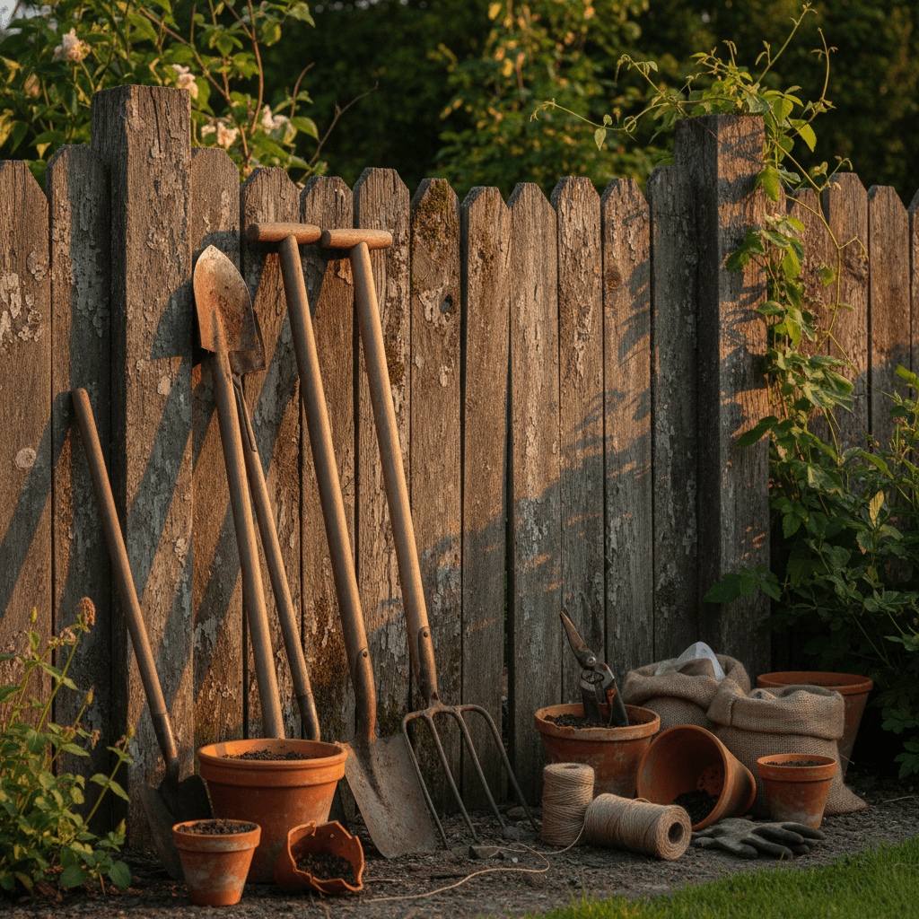 Garden tools and supplies against wooden fence