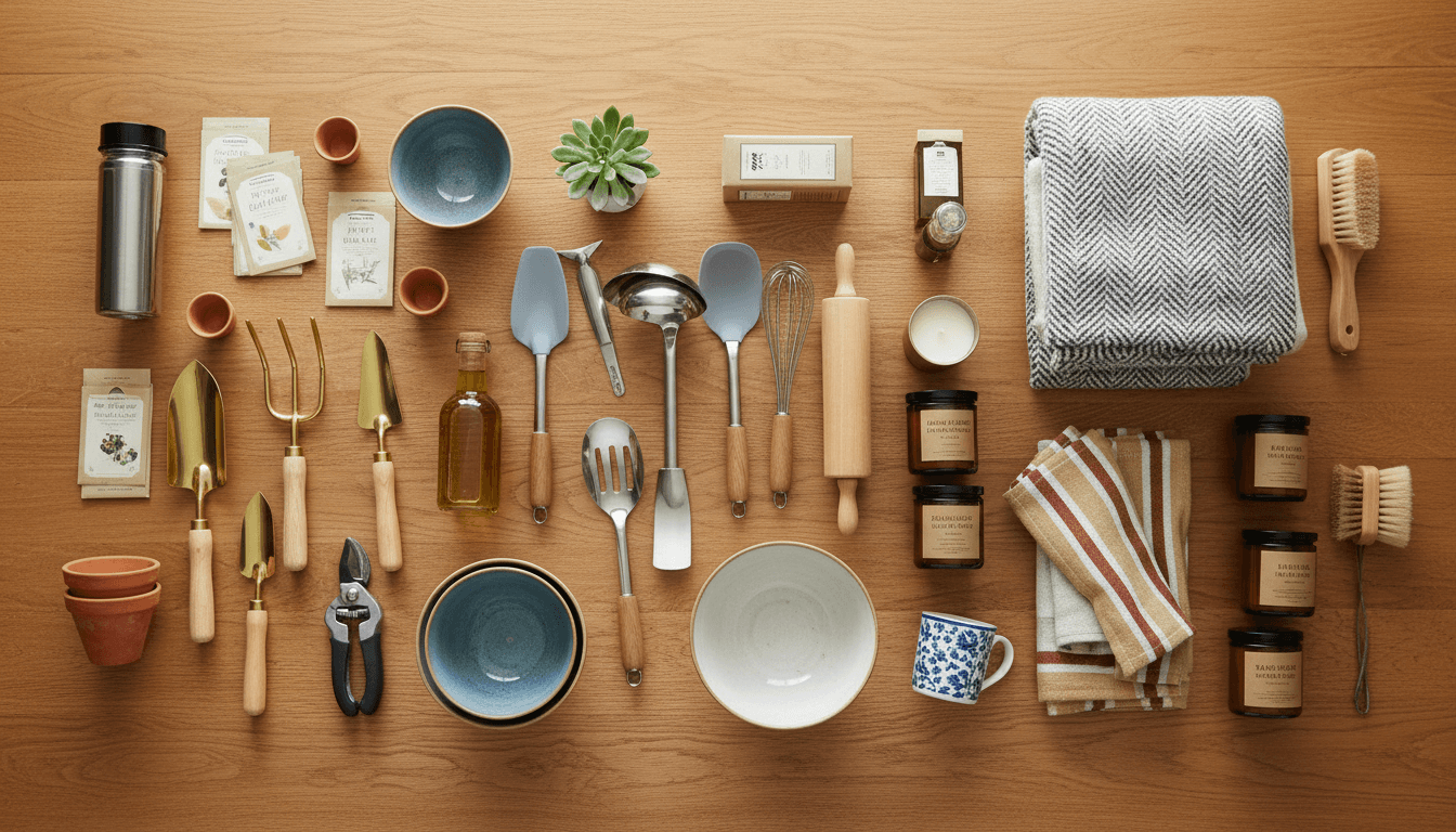 Curated collection of home, kitchen, and garden products displayed on wooden surface